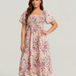 ⏰Soldes d'été : 67 % de réduction💃Robe midi à fleurs, col carré et smocks, avec poches