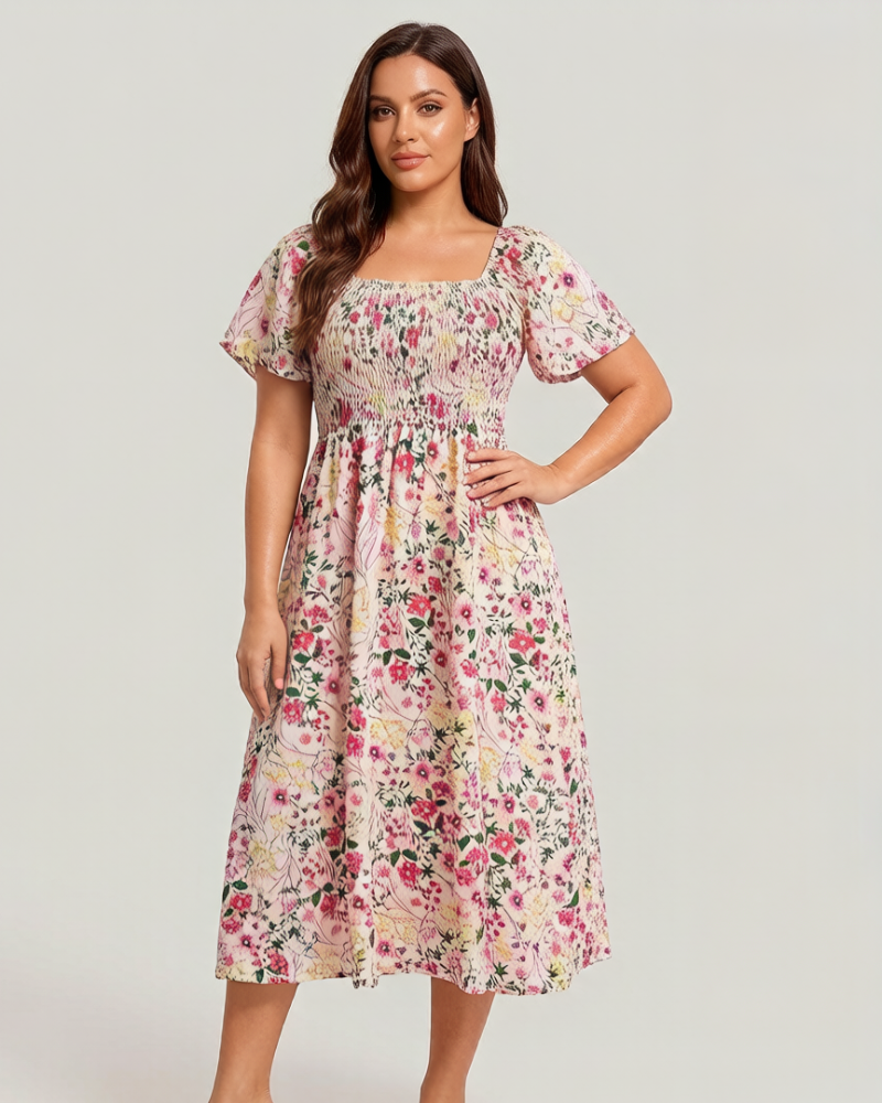 ⏰Soldes d'été : 67 % de réduction💃Robe midi à fleurs, col carré et smocks, avec poches