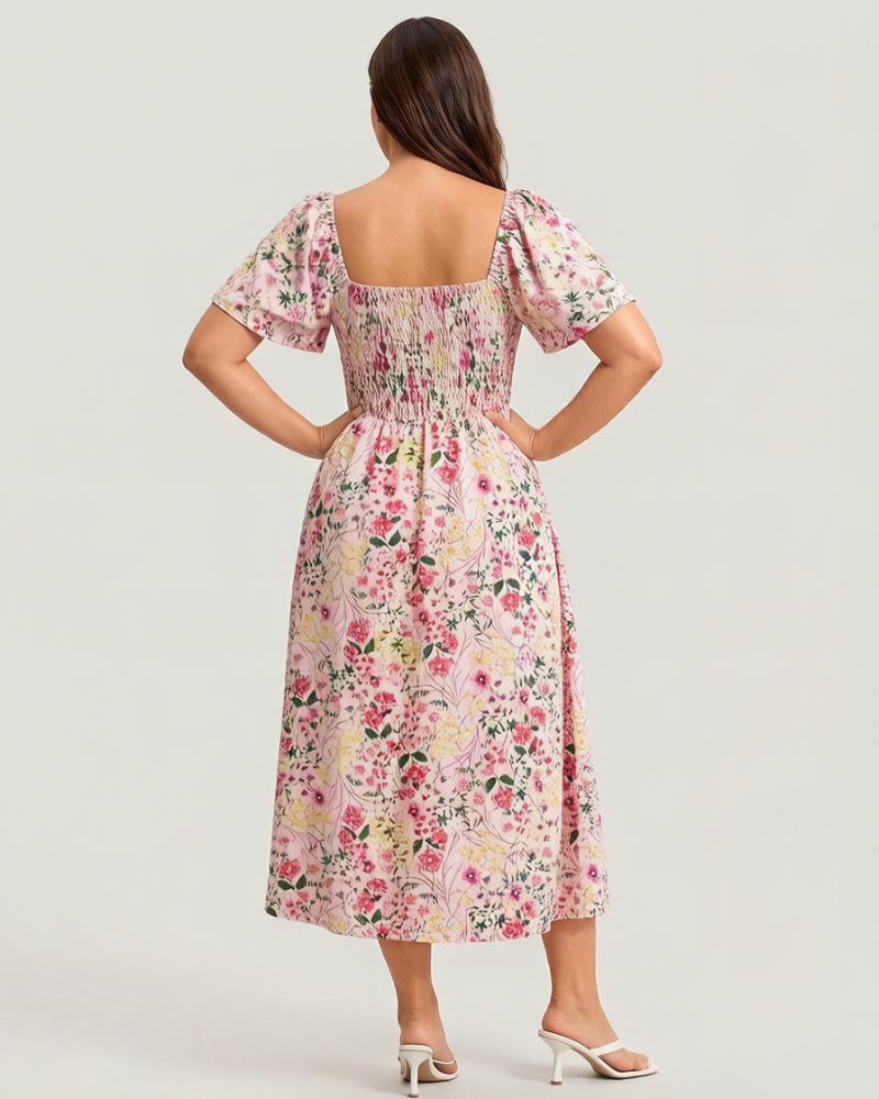 ⏰Soldes d'été : 67 % de réduction💃Robe midi à fleurs, col carré et smocks, avec poches