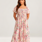 ⏰Soldes d'été : 67 % de réduction💃Robe midi à fleurs, col carré et smocks, avec poches