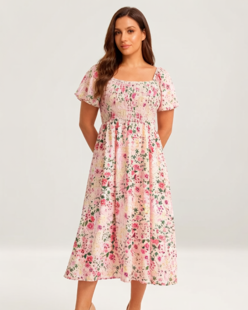 ⏰Soldes d'été : 67 % de réduction💃Robe midi à fleurs, col carré et smocks, avec poches