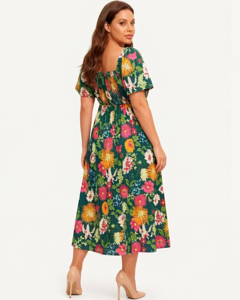 ⏰Soldes d'été : 67 % de réduction💃Robe midi à fleurs, col carré et smocks, avec poches