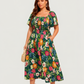 ⏰Soldes d'été : 67 % de réduction💃Robe midi à fleurs, col carré et smocks, avec poches