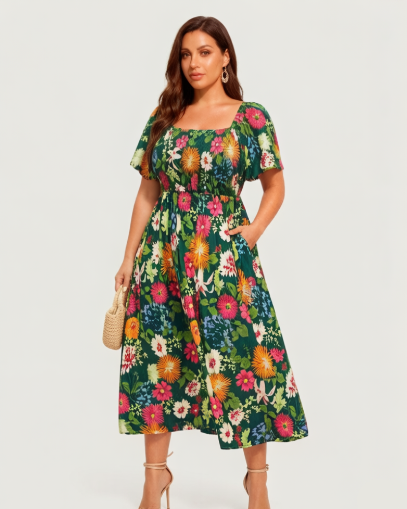 ⏰Soldes d'été : 67 % de réduction💃Robe midi à fleurs, col carré et smocks, avec poches