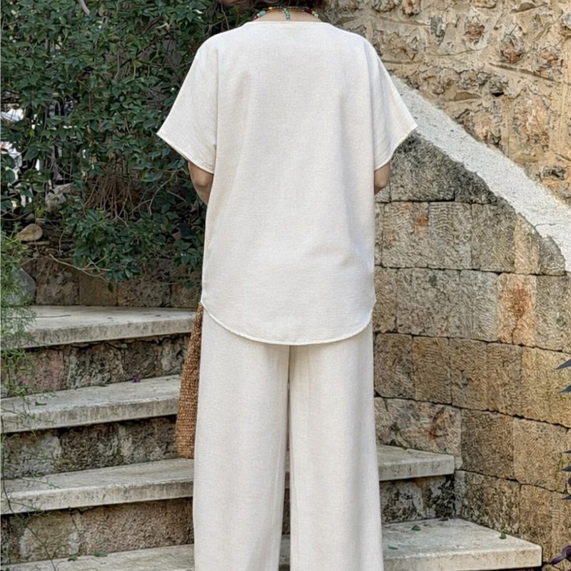 👕 OFFRE LIMITÉE : 67 % DE RÉDUCTION ! ✨ Ensemble haut et pantalon à boutons – Mélange de lin, jambes larges, coupe décontractée 🍂