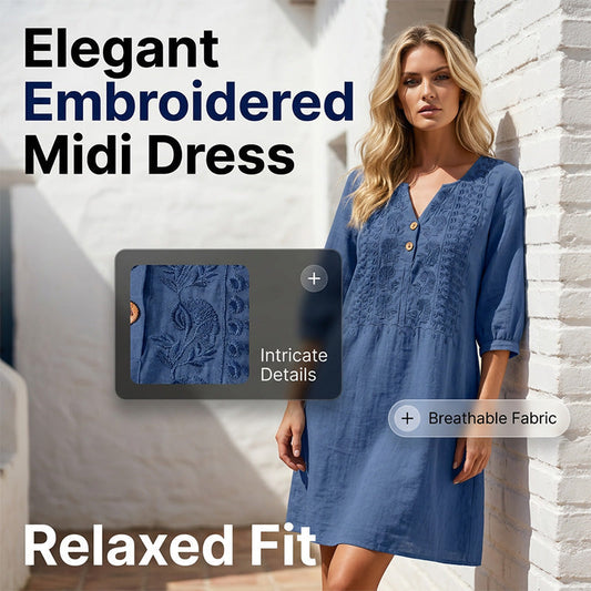 Robe en lin à col en V brodée pour femme