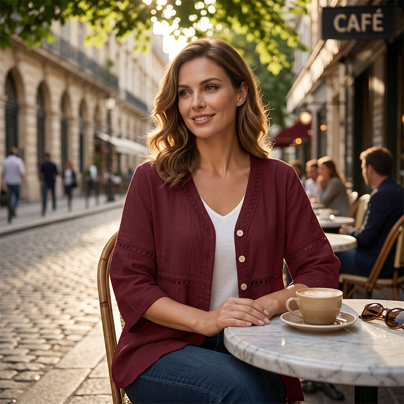 Chemisier à col en V et bordure en dentelle pour femme – Haut élégant pour tous les jours ✨