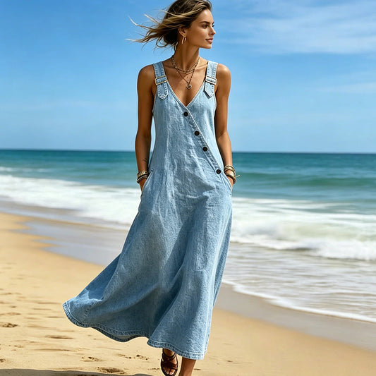 👗✨Robe en jean asymétrique à boutons pour femme – Le chic au quotidien sans effort🔥