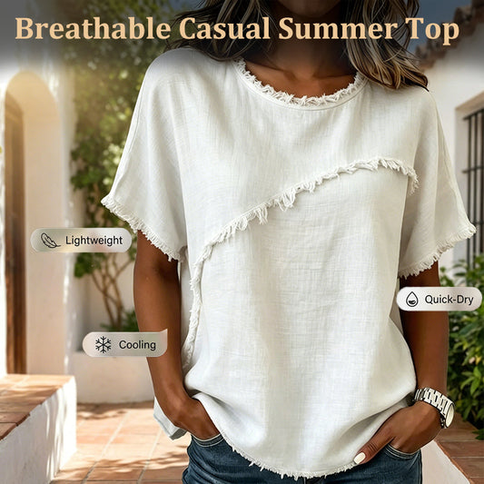 👚 OFFRE LIMITÉE -50% ! 💥 Top Été Femme à Bords Bruts – Col Rond, Coupe Décontractée, Style Tendance ✨