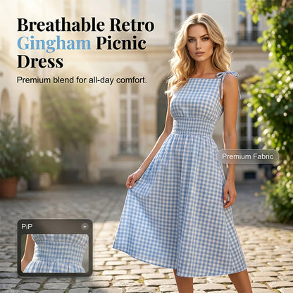 ☀️🔥Robe longue rétro à carreaux vichy pour femme, avec haut froncé et bretelles