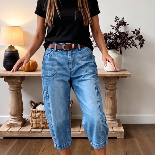 📢👖 PROMO FLASH 52% ! Pantalon Jean Court Extensible Femme – Coupe Barrel Décontractée, Taille Mi-Haute, Poches Multiples, 2 Coloris, Tailles S-3XL, Idéal Quotidien ✨