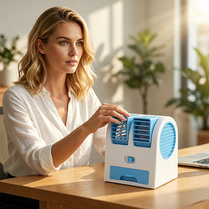 🌬️Ventilateur portable à double sortie avec tiroir à glace – Refroidissement ultra silencieux 🔥🌬️