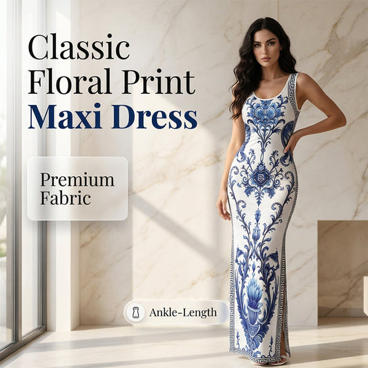 🏺 Robe longue fluide – Imprimé porcelaine bleue & blanc revisité, coupe classique intemporelle✨