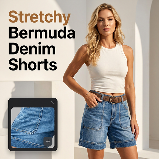 🩳🌸 OFFRE LIMITÉE -50% | Bermuda en Jean Taille Mi-Haute Femme – Denim Stretch Confort, Coupe Flatteuse & Poches Pratiques ✨