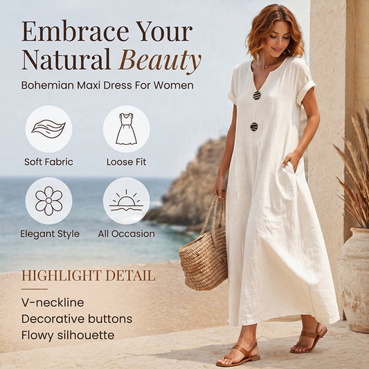 🌿 Robe midi d'été à col en V et boutons décoratifs – Tissu en lin léger, manches courtes évasées – Une élégance simple pour la femme qui a du goût ✨