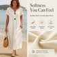 🌿 Robe midi d'été à col en V et boutons décoratifs – Tissu en lin léger, manches courtes évasées – Une élégance simple pour la femme qui a du goût ✨