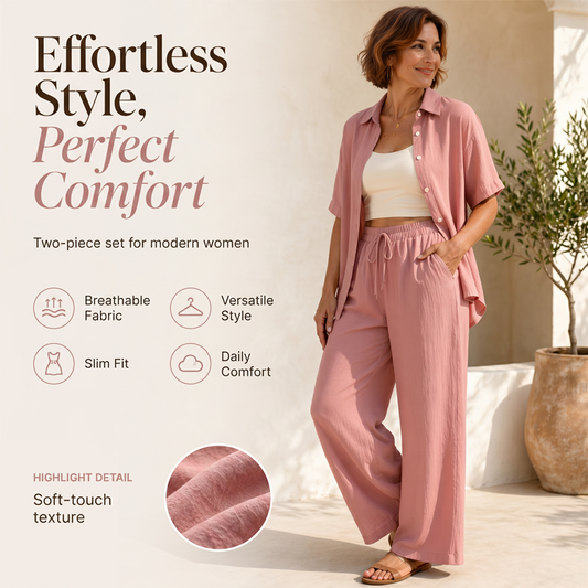 Ensemble composé d'un chemisier à manches courtes et d'un pantalon large pour femme
