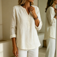 🌿Chemise décontractée à col en V et manches longues, en coton et lin, à boutons