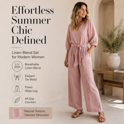 Ensemble composé d'un haut pour femme à encolure en V et cordon à nouer sur le devant, ainsi que d'un pantalon à jambes larges