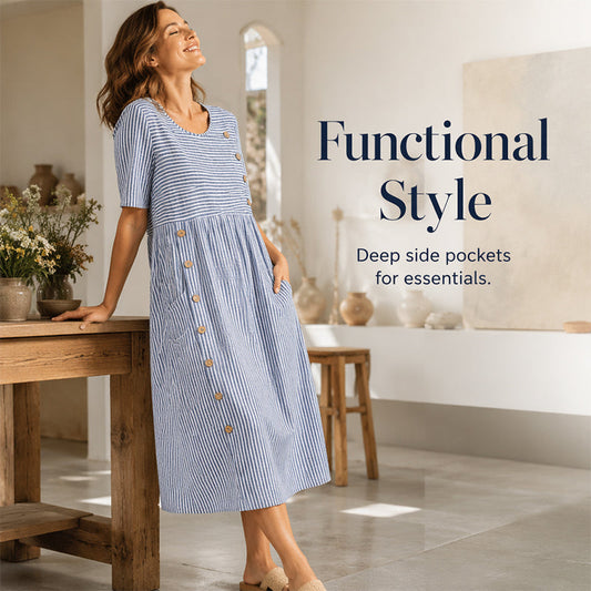 🌀 50% DE RÉDUCTION! 👗 Robe Rayée Coupe Ample – Rayures douces, confortable & décontractée – Parfaite pour un style quotidien sans effort ☁️