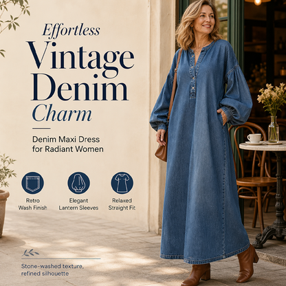 Robe longue en denim femme coupe oversize, encolure boutonnée demi-poitrine, manches lanternes bouffantes avec poches latérales🍃 Coupe ample sans contrainte