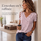 T-shirt pour femme à col en V festonné et imprimé cœurs
