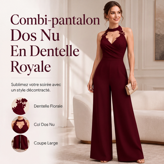 Combinaison élégante pour femme à dos nu en dentelle, plissée et à jambes larges