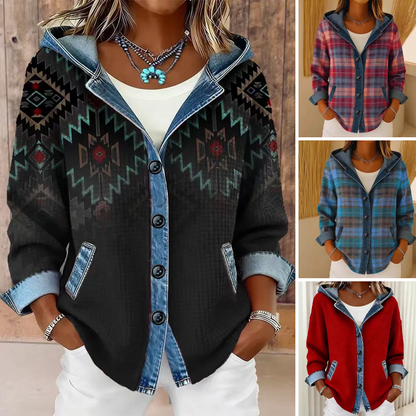 Veste à capuche en jean patchwork pour femme