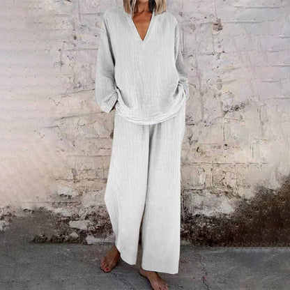 ❤️Casual Solid Color V-Neck Long Sleeve Top & Wide-Leg Pants Set