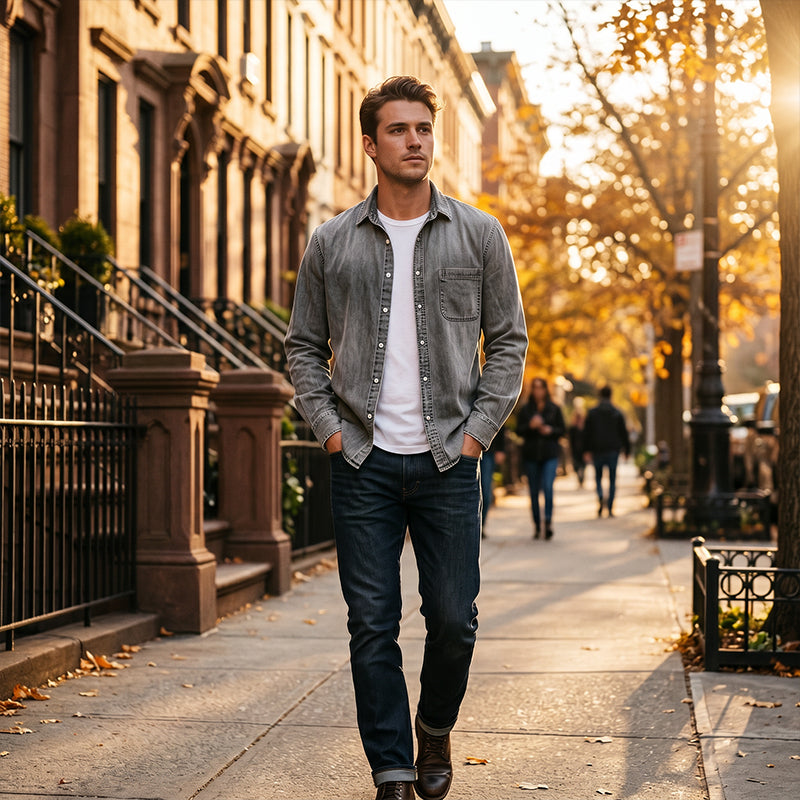Chemise en denim délavé rétro pour homme