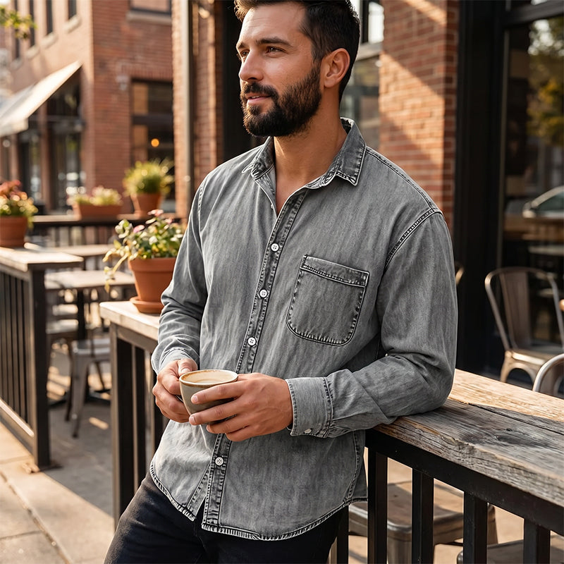 Chemise en denim délavé rétro pour homme