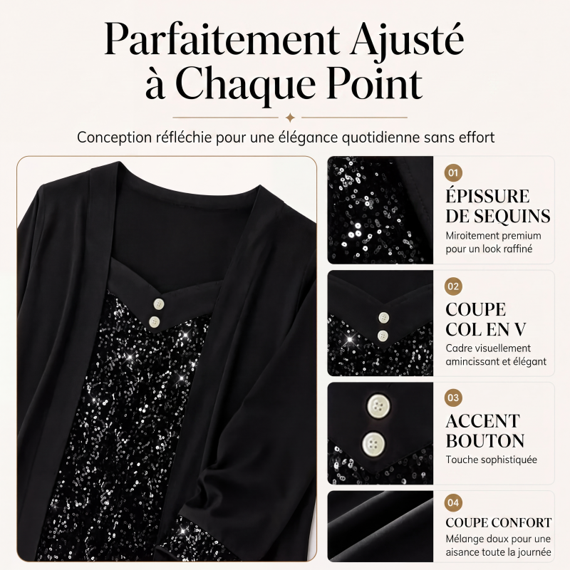 Haut féminin à paillettes et patchwork, style faux deux-pièces