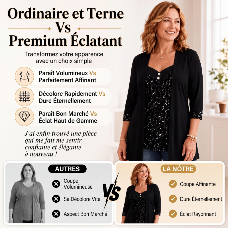 Haut féminin à paillettes et patchwork, style faux deux-pièces