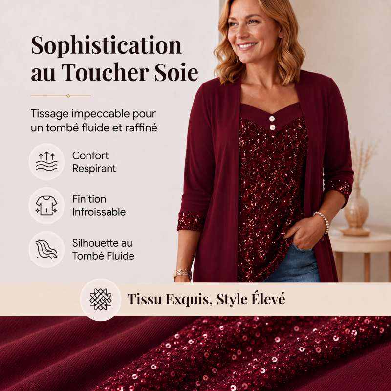Haut féminin à paillettes et patchwork, style faux deux-pièces