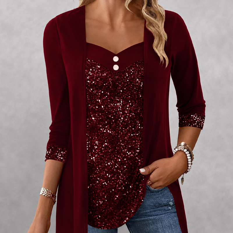 Haut féminin à paillettes et patchwork, style faux deux-pièces