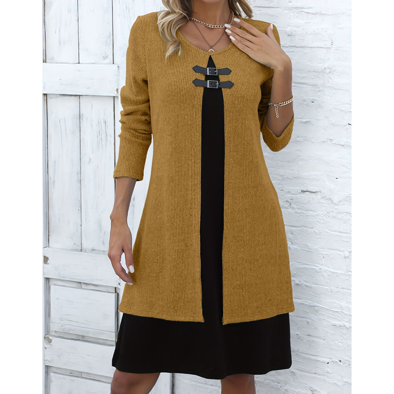 Robe décontractée pour femme en maille côtelée à manches longues