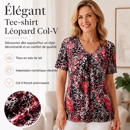 T-shirt à manches courtes et col V pour femme, tunique plissée à motif léopard