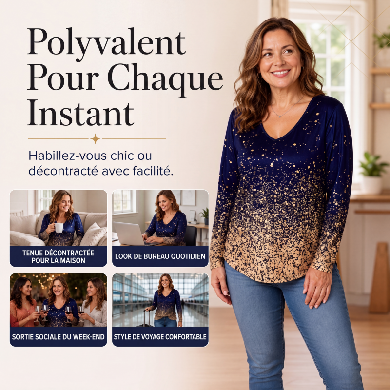 Chemise à manches longues pour femme, col V, imprimé dégradé