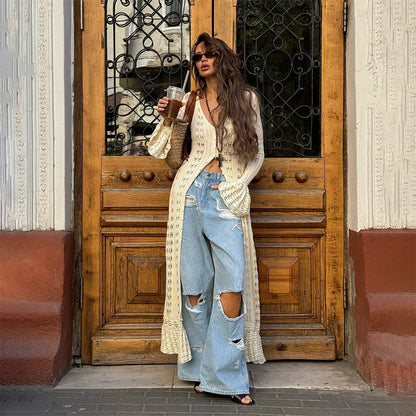 Cardigan long en crochet ajouré pour femme
