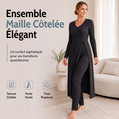 Ensemble deux pièces décontracté pour femme en maille côtelée douce
