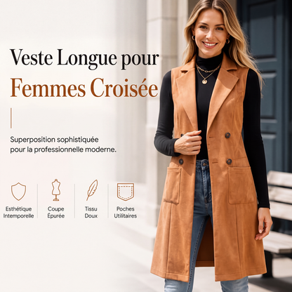 Gilet long boutonné pour femmes avec poches