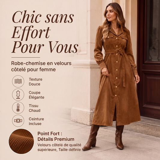 🌸 OFFRE LIMITÉE –50% ! ✨ Robe chemise mi-longue en velours côtelé pour femme avec ceinture