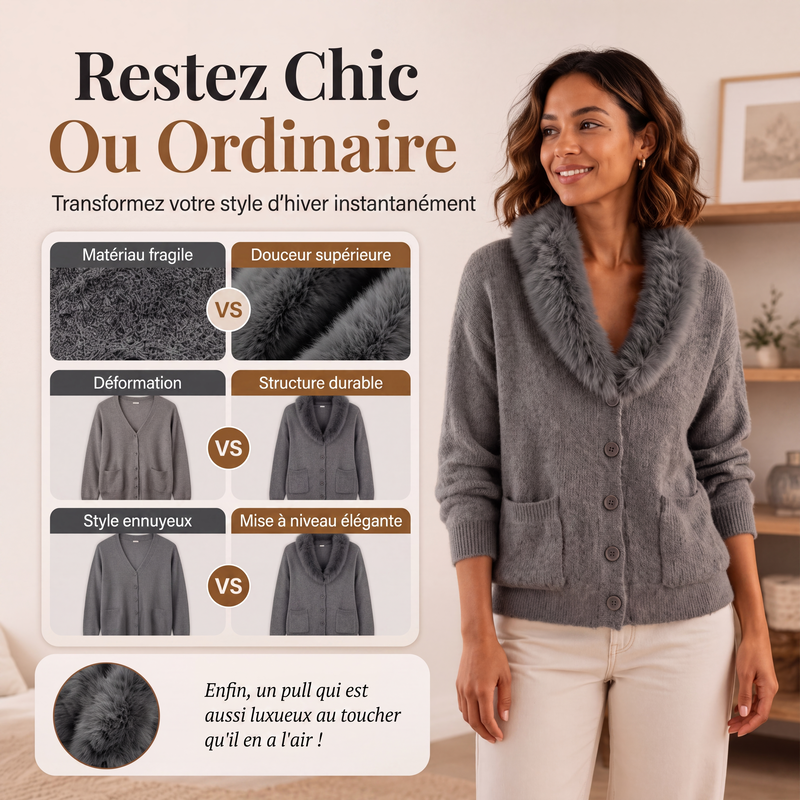 🌸 OFFRE LIMITÉE –50% ! ✨ Cardigan en maille à col fourrure pour femme