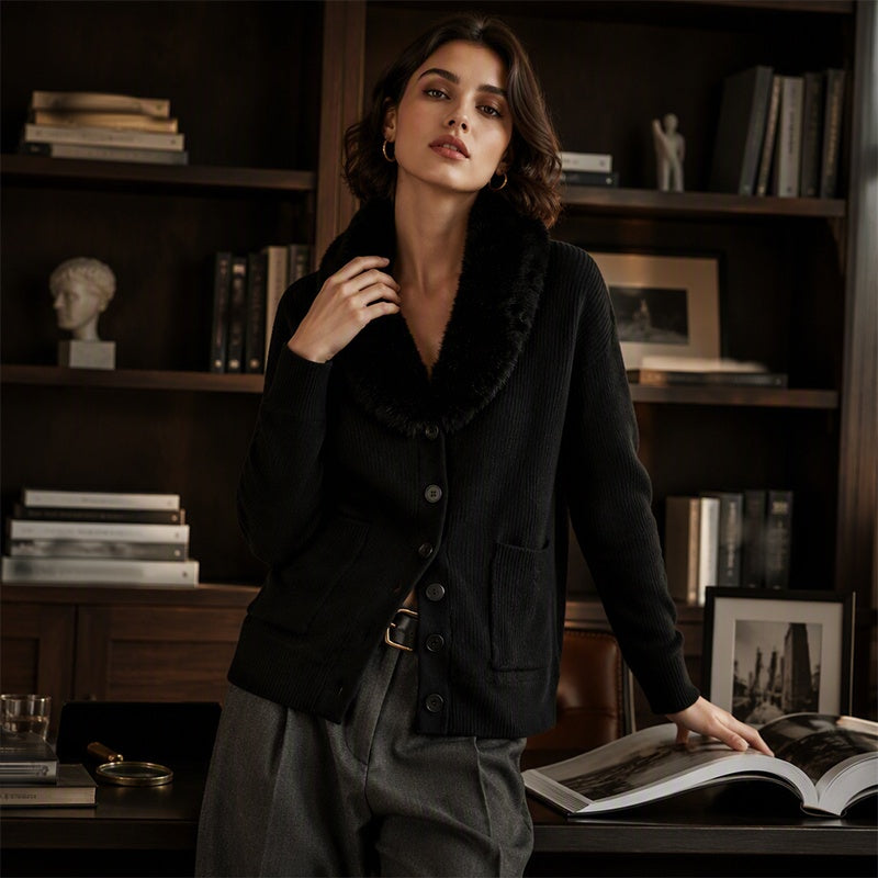 🌸 OFFRE LIMITÉE –50% ! ✨ Cardigan en maille à col fourrure pour femme