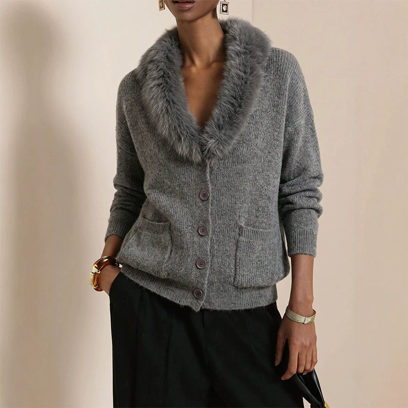 🌸 OFFRE LIMITÉE –50% ! ✨ Cardigan en maille à col fourrure pour femme