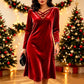 Robe mi-longue en velours à col V et entrecroisée pour femmes