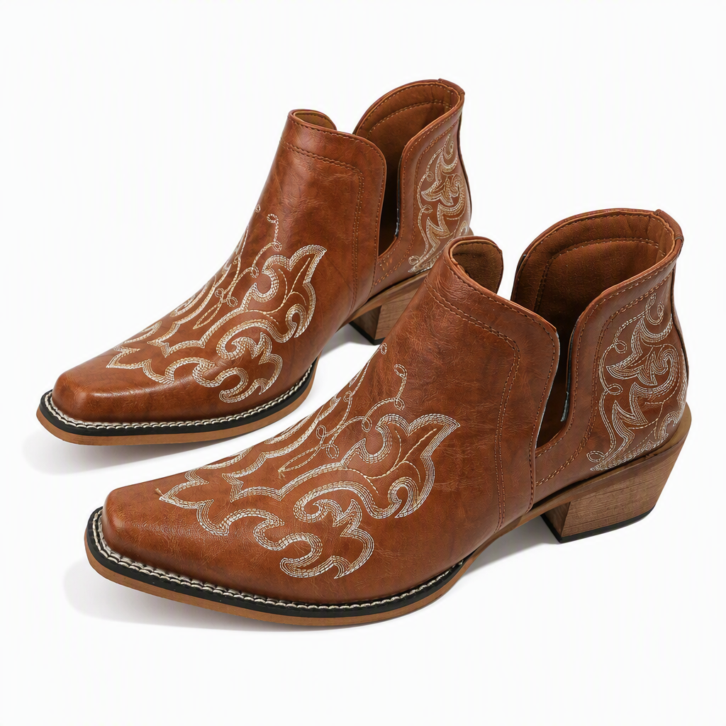 Bottines à talon bloc et coupe V rétro pour femmes, grande taille, unies ou à imprimé floral, pour l'automne et l'hiver