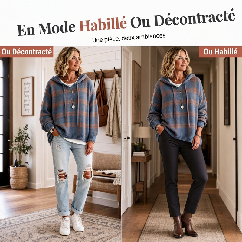 Pull en maille à capuche à carreaux rétro pour femme