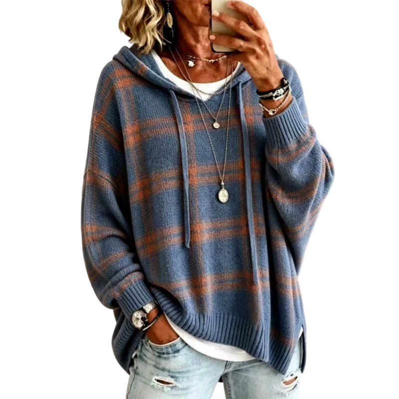 Pull en maille à capuche à carreaux rétro pour femme