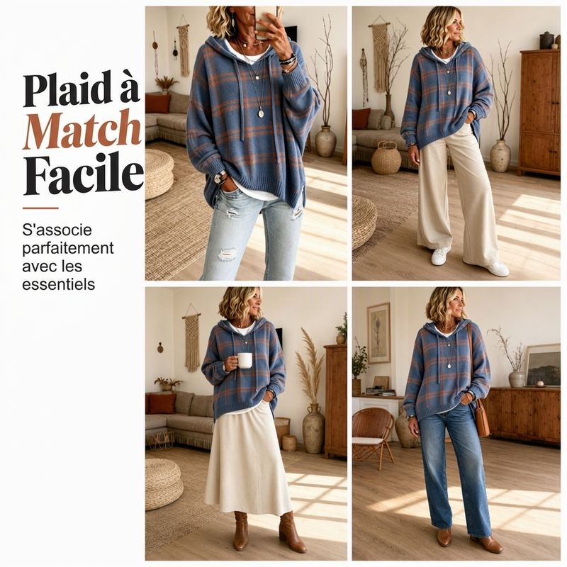 Pull en maille à capuche à carreaux rétro pour femme